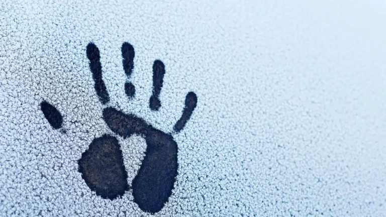 hand print on snow covered windshield