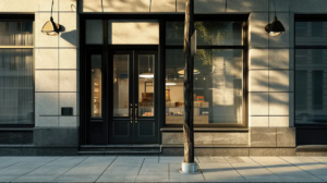 An storefront's front door and display windows