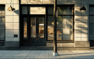 An storefront's front door and display windows